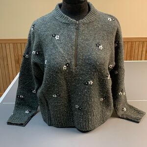 Madewell Sweater.   Medium. Green with black/ cream flowers